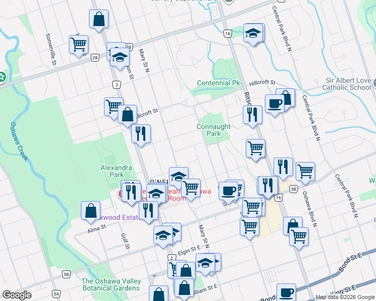 map of restaurants, bars, coffee shops, grocery stores, and more near 107 Sutherland Avenue in Oshawa