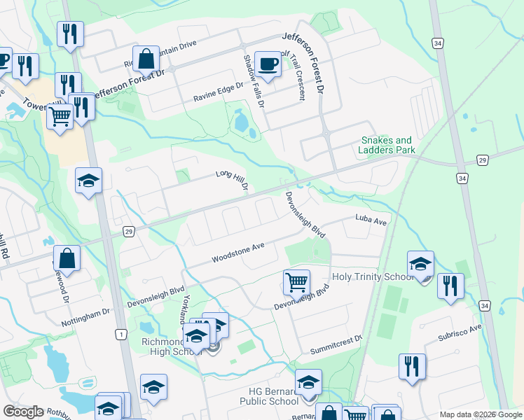 map of restaurants, bars, coffee shops, grocery stores, and more near 7 Caramel Crescent in Richmond Hill