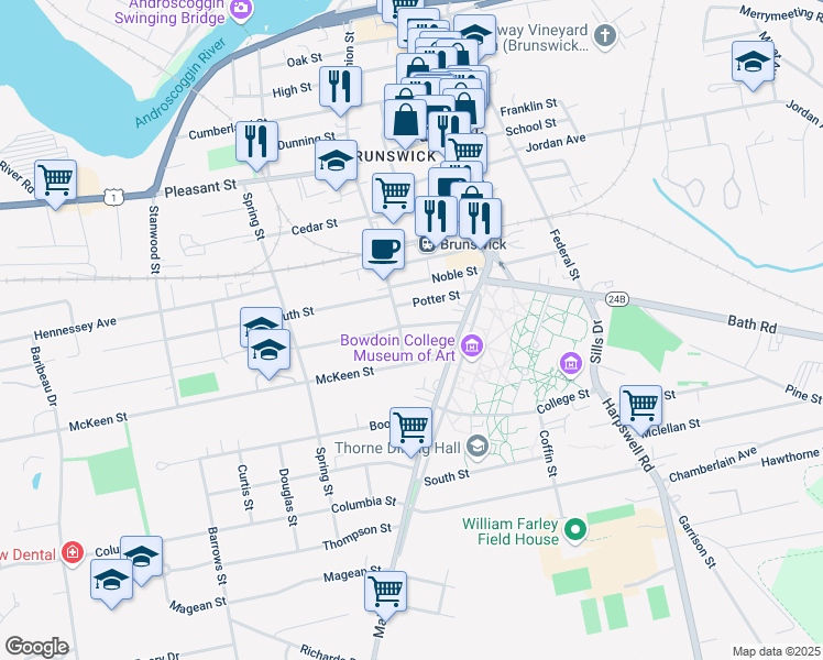 map of restaurants, bars, coffee shops, grocery stores, and more near 10 1/2 Page Street in Brunswick
