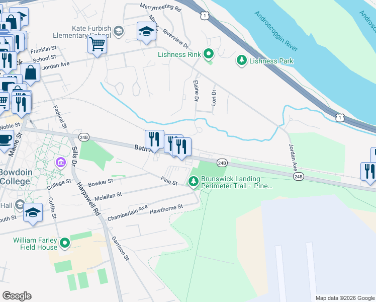 map of restaurants, bars, coffee shops, grocery stores, and more near 39 Bath Road in Brunswick