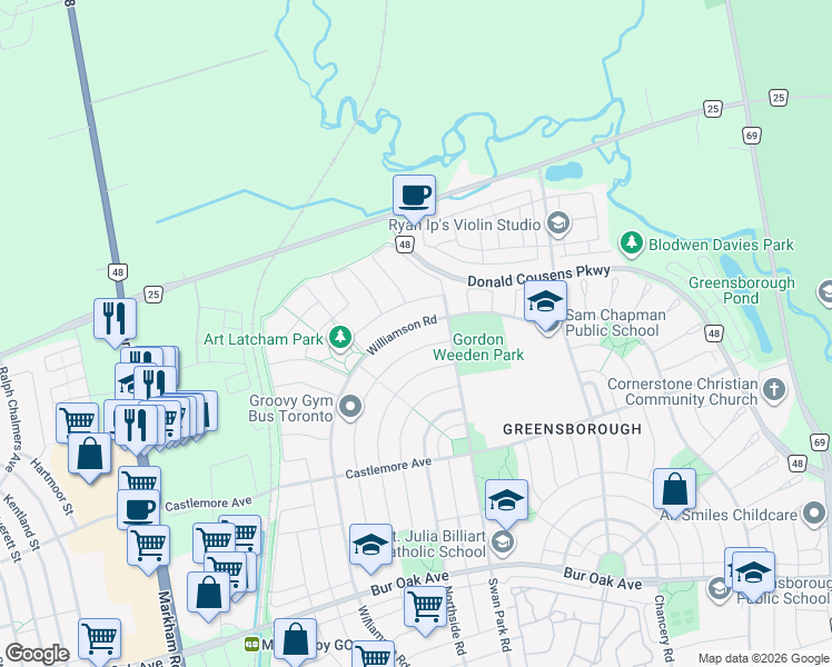 map of restaurants, bars, coffee shops, grocery stores, and more near 410 Williamson Road in Markham