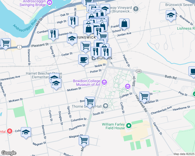 map of restaurants, bars, coffee shops, grocery stores, and more near 232 Maine Street in Brunswick