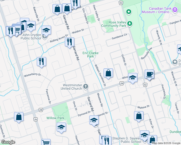 map of restaurants, bars, coffee shops, grocery stores, and more near 16 Pogson Drive in Whitby