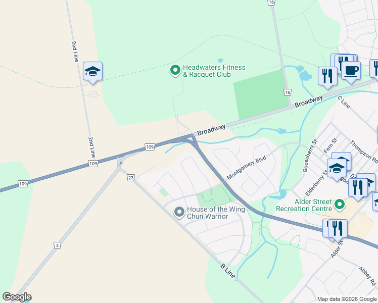 map of restaurants, bars, coffee shops, grocery stores, and more near 51 Benjamin Crescent in Orangeville