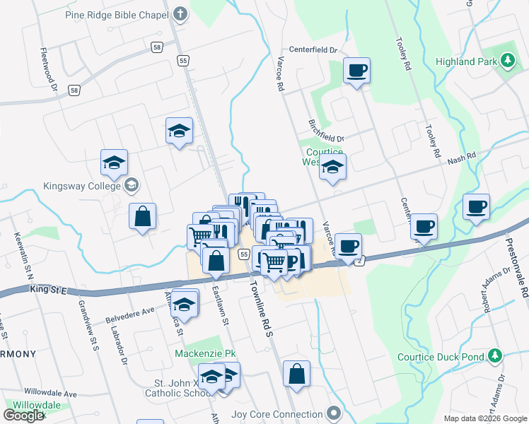 map of restaurants, bars, coffee shops, grocery stores, and more near in Courtice