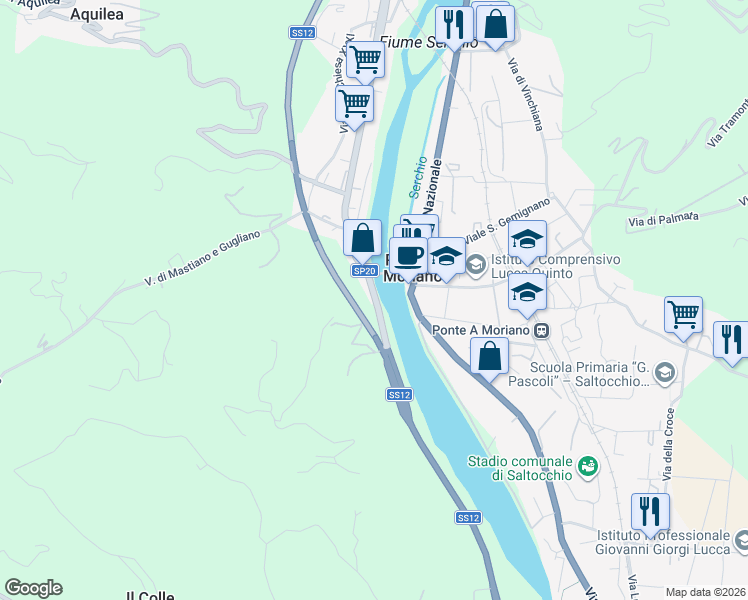 map of restaurants, bars, coffee shops, grocery stores, and more near Strada Provinciale 20 Lodovica in Lucca