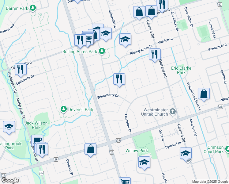 map of restaurants, bars, coffee shops, grocery stores, and more near 2 Watersdown Crescent in Whitby