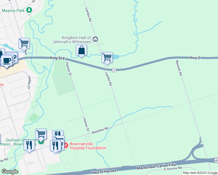 map of restaurants, bars, coffee shops, grocery stores, and more near 1050 Lambs Road in Clarington