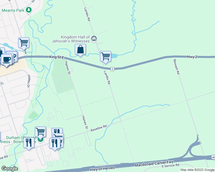 map of restaurants, bars, coffee shops, grocery stores, and more near 1050 Lambs Road in Clarington