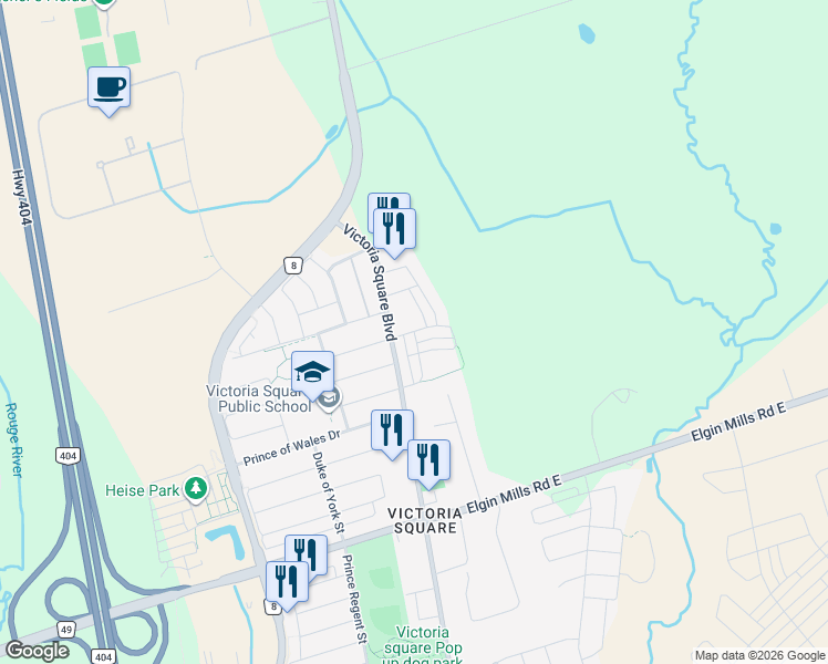map of restaurants, bars, coffee shops, grocery stores, and more near George Peach Avenue in Markham