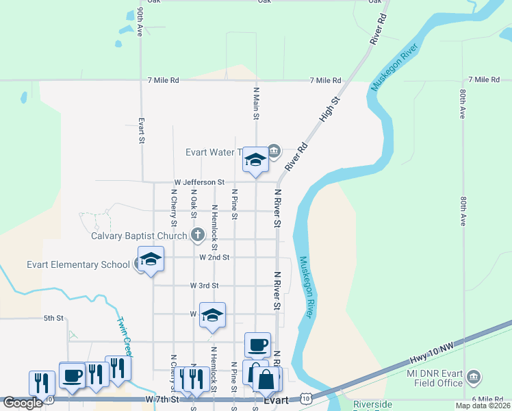 map of restaurants, bars, coffee shops, grocery stores, and more near 818 North Main Street in Evart