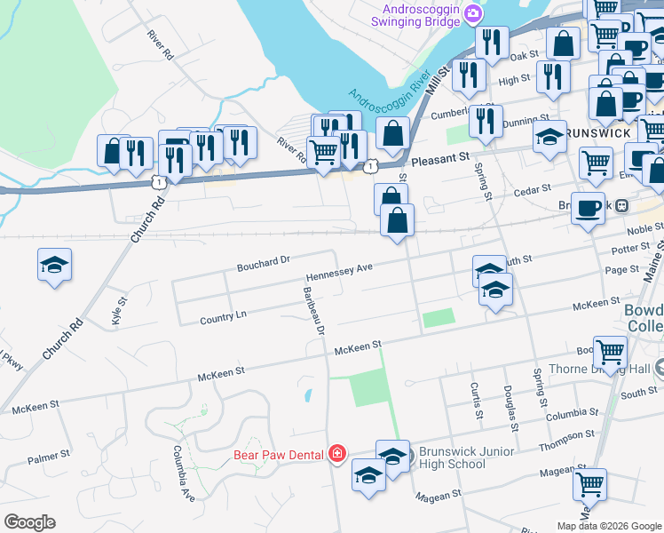 map of restaurants, bars, coffee shops, grocery stores, and more near 54 Hennessey Avenue in Brunswick