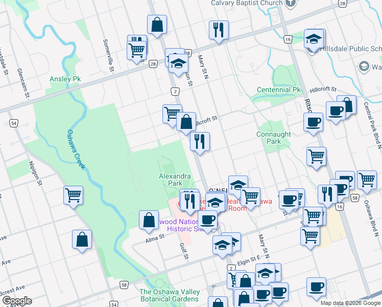 map of restaurants, bars, coffee shops, grocery stores, and more near 452 Simcoe Street North in Oshawa