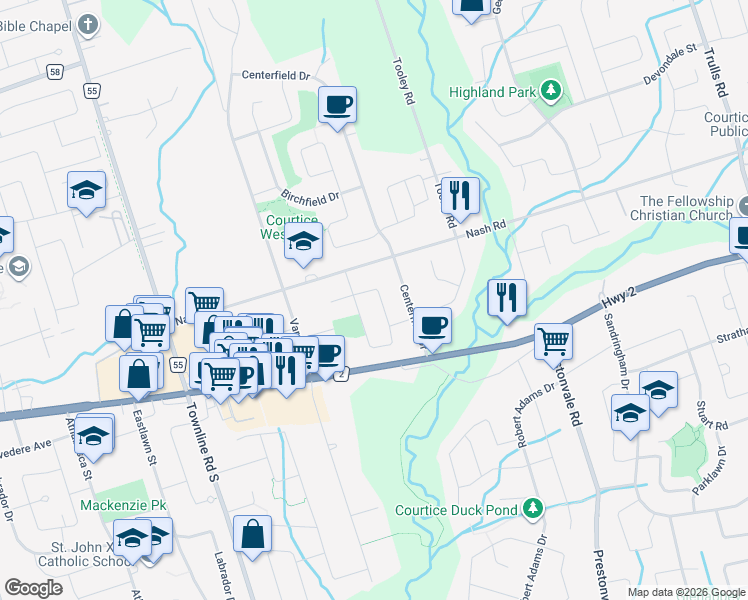 map of restaurants, bars, coffee shops, grocery stores, and more near 71 Cherry Blossom Crescent in Courtice