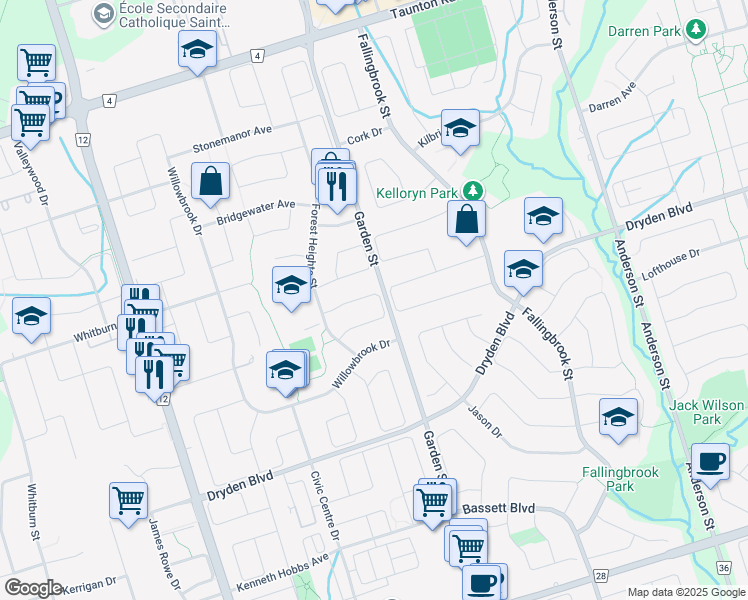 map of restaurants, bars, coffee shops, grocery stores, and more near 34 Millstone Crescent in Whitby
