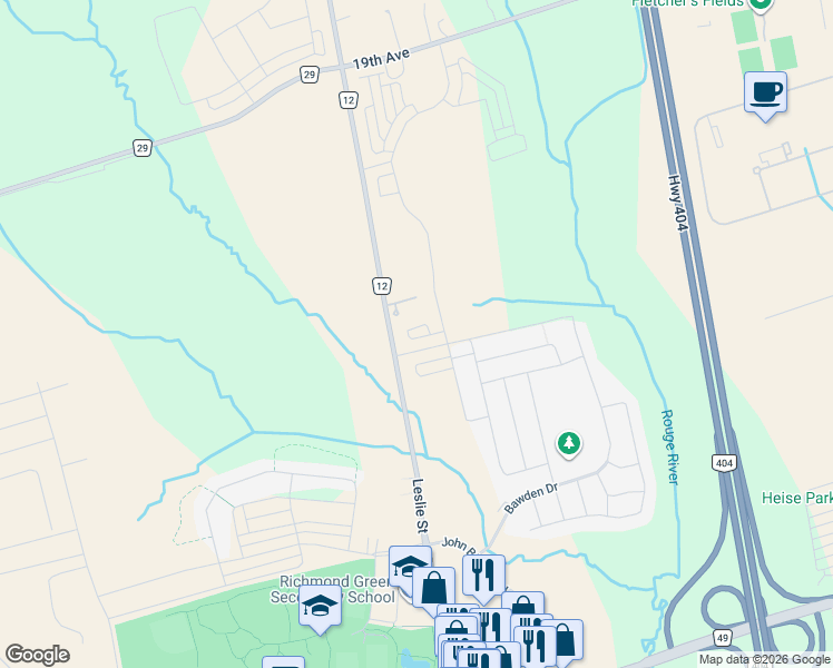 map of restaurants, bars, coffee shops, grocery stores, and more near 38 Harold Wilson Lane in Richmond Hill