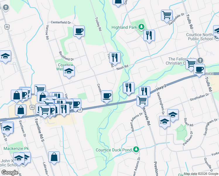 map of restaurants, bars, coffee shops, grocery stores, and more near 14 Valleycrest Drive in Courtice