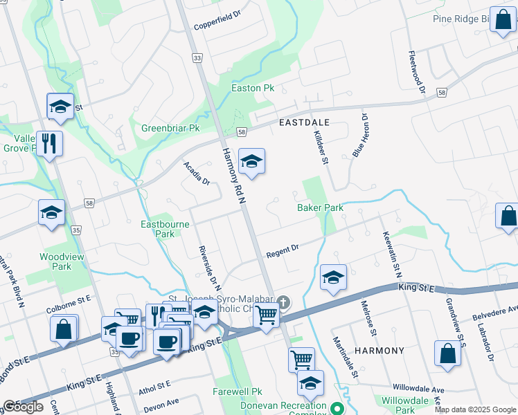 map of restaurants, bars, coffee shops, grocery stores, and more near 174 Woodlane Court in Oshawa