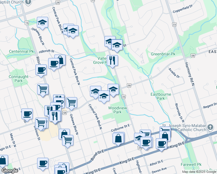 map of restaurants, bars, coffee shops, grocery stores, and more near 513 Juliana Drive in Oshawa