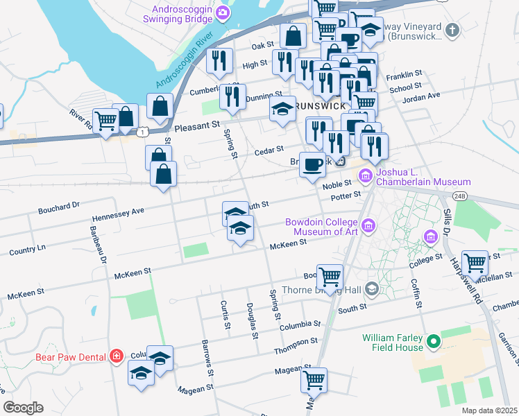 map of restaurants, bars, coffee shops, grocery stores, and more near 27 Weymouth Street in Brunswick