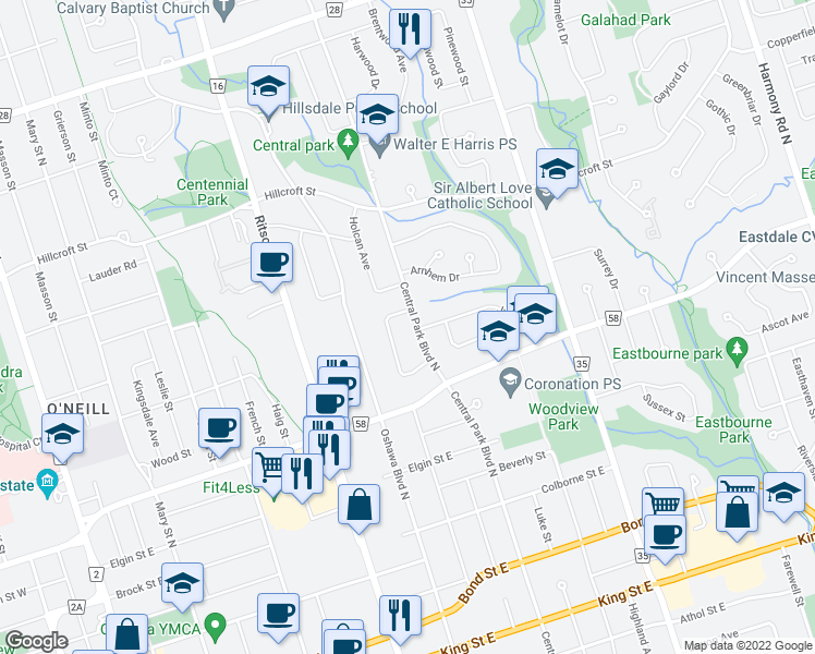 map of restaurants, bars, coffee shops, grocery stores, and more near 336 Central Park Boulevard North in Oshawa