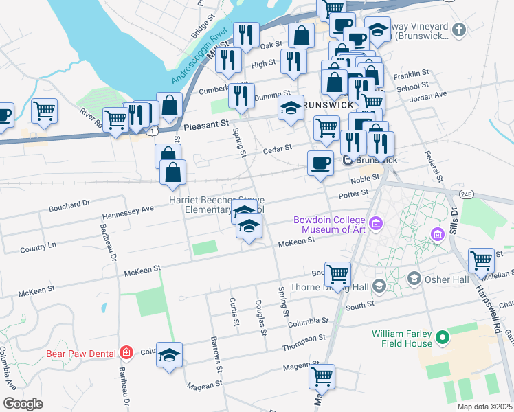 map of restaurants, bars, coffee shops, grocery stores, and more near 27 Weymouth Street in Brunswick