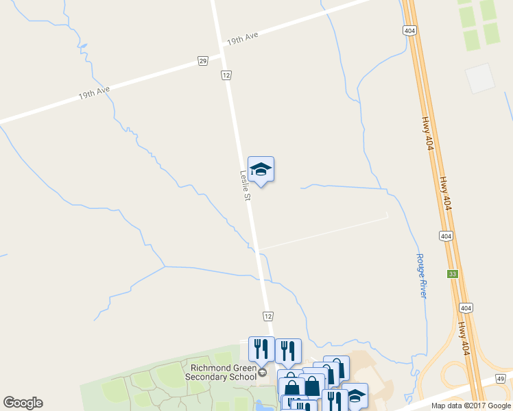 map of restaurants, bars, coffee shops, grocery stores, and more near 11225 Leslie Street in Richmond Hill