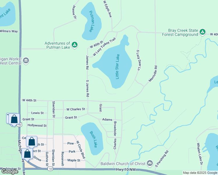 map of restaurants, bars, coffee shops, grocery stores, and more near 5772 South Lazy Deer Lane in Baldwin