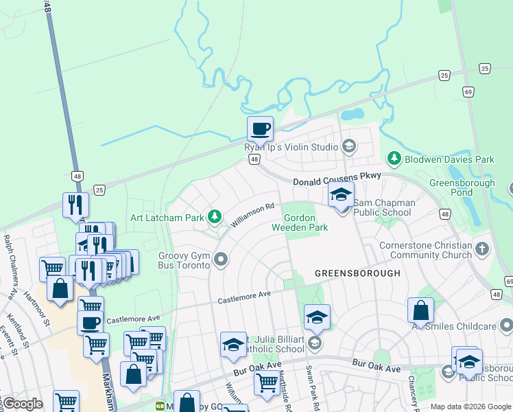 map of restaurants, bars, coffee shops, grocery stores, and more near 410 Williamson Road in Markham
