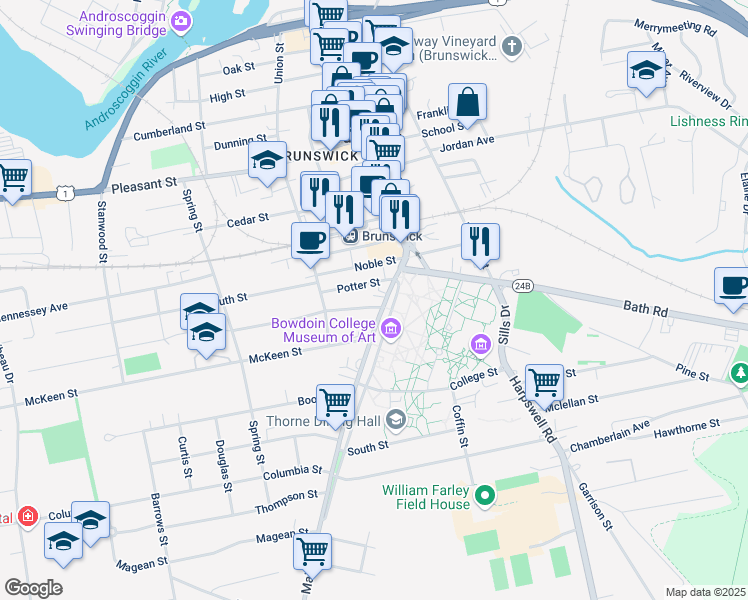 map of restaurants, bars, coffee shops, grocery stores, and more near 232 Maine Street in Brunswick