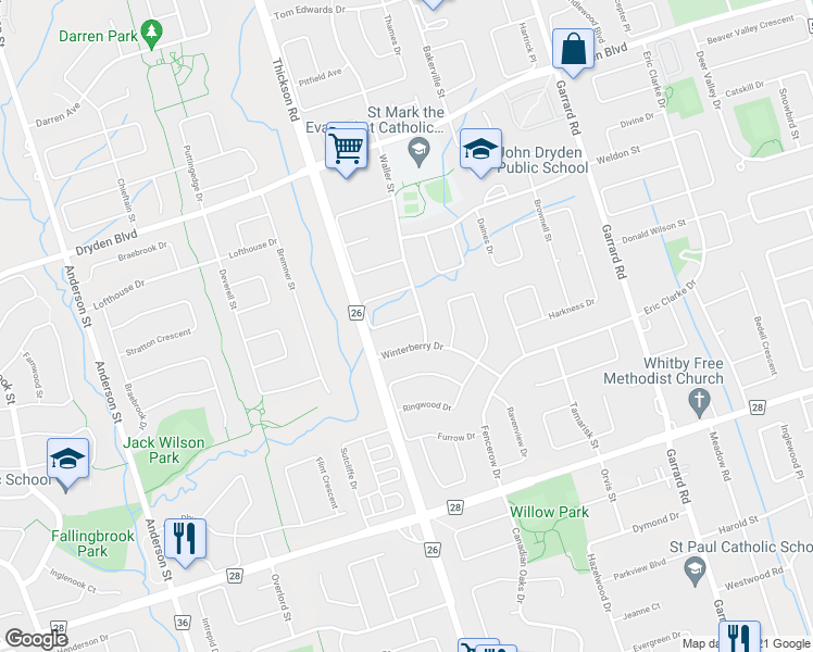 map of restaurants, bars, coffee shops, grocery stores, and more near 5 Corner Stone Crescent in Whitby