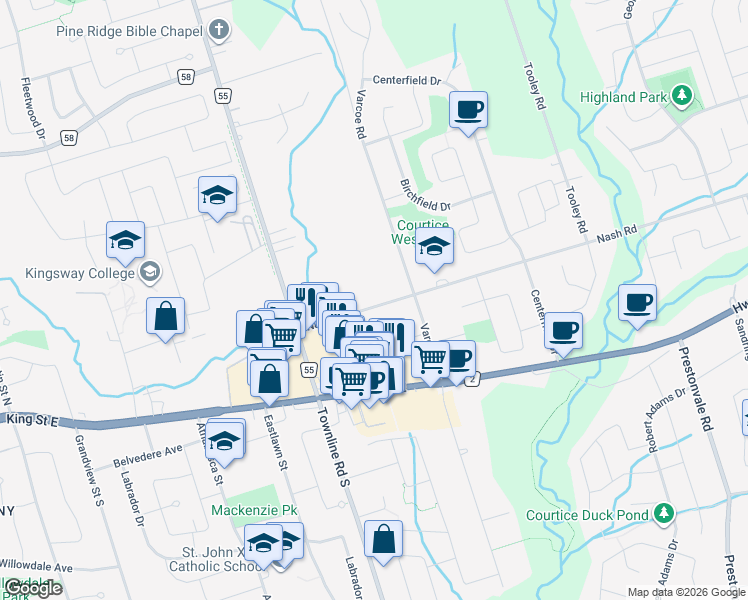 map of restaurants, bars, coffee shops, grocery stores, and more near 1422 Nash Road in Courtice