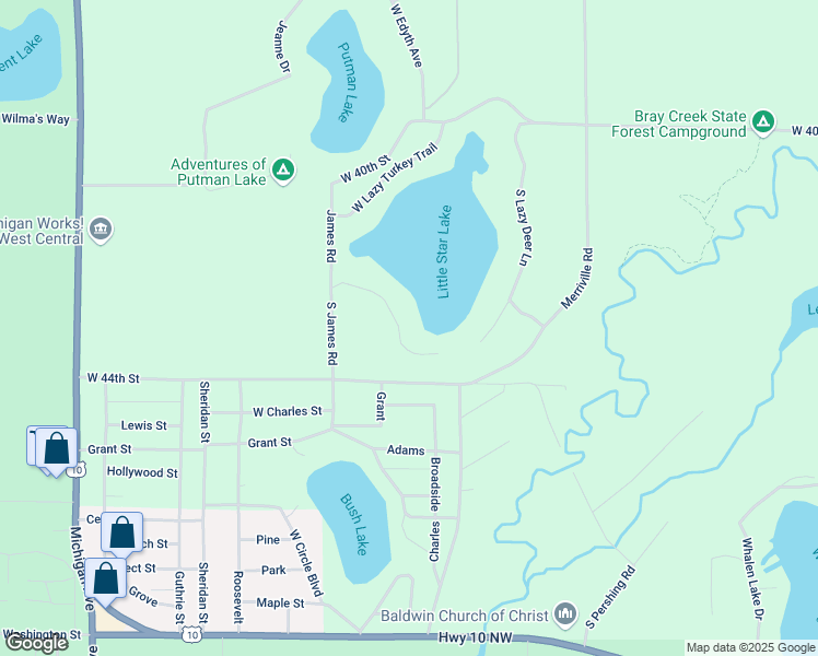 map of restaurants, bars, coffee shops, grocery stores, and more near 5772 South Lazy Deer Lane in Baldwin