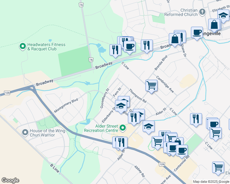 map of restaurants, bars, coffee shops, grocery stores, and more near 311 Fern Street in Orangeville