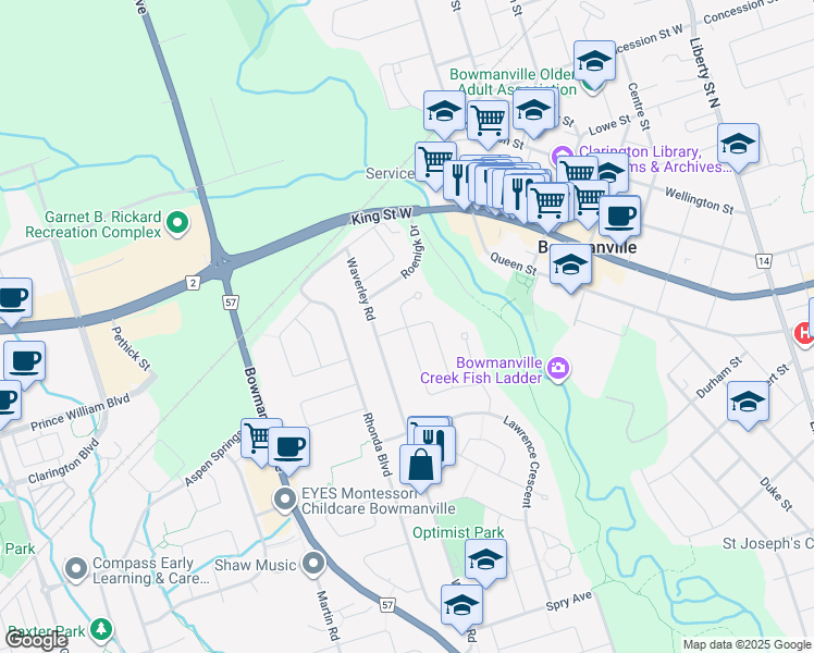 map of restaurants, bars, coffee shops, grocery stores, and more near Little Avenue in Bowmanville