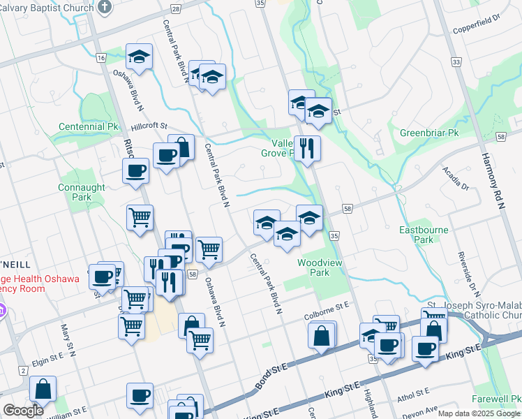 map of restaurants, bars, coffee shops, grocery stores, and more near 445 Juliana Drive in Oshawa