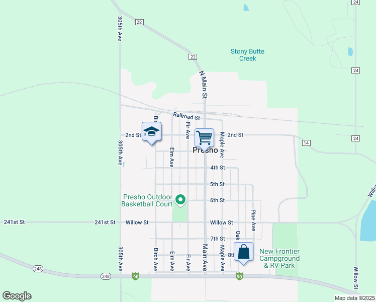 map of restaurants, bars, coffee shops, grocery stores, and more near 3rd Street in Presho