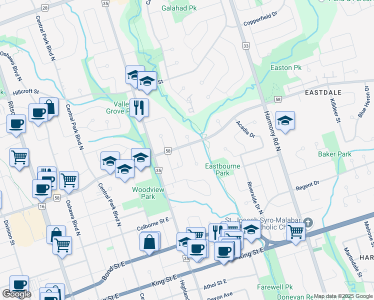 map of restaurants, bars, coffee shops, grocery stores, and more near in Oshawa