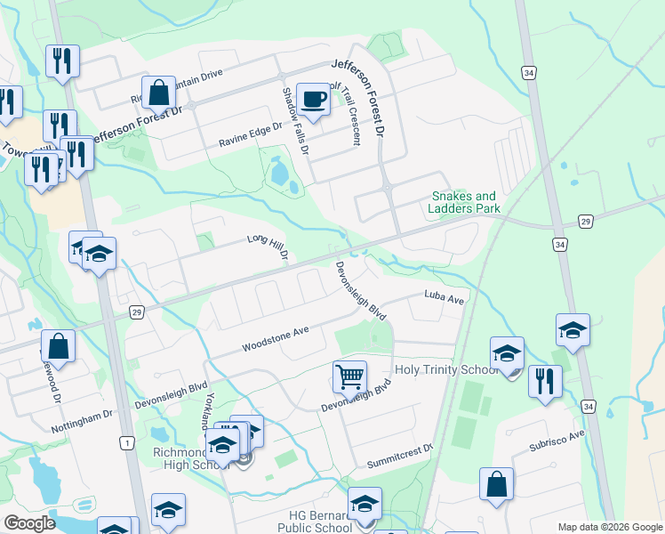 map of restaurants, bars, coffee shops, grocery stores, and more near 238 Devonsleigh Boulevard in Richmond Hill