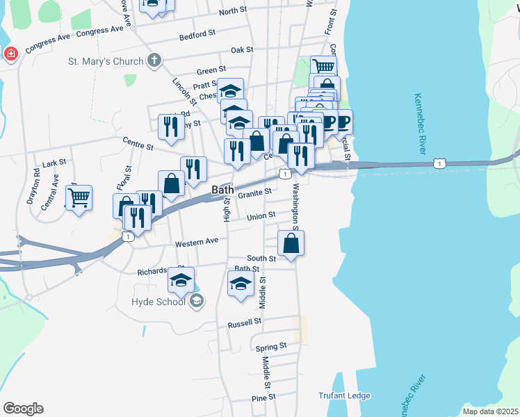 map of restaurants, bars, coffee shops, grocery stores, and more near 77 Union Street in Bath