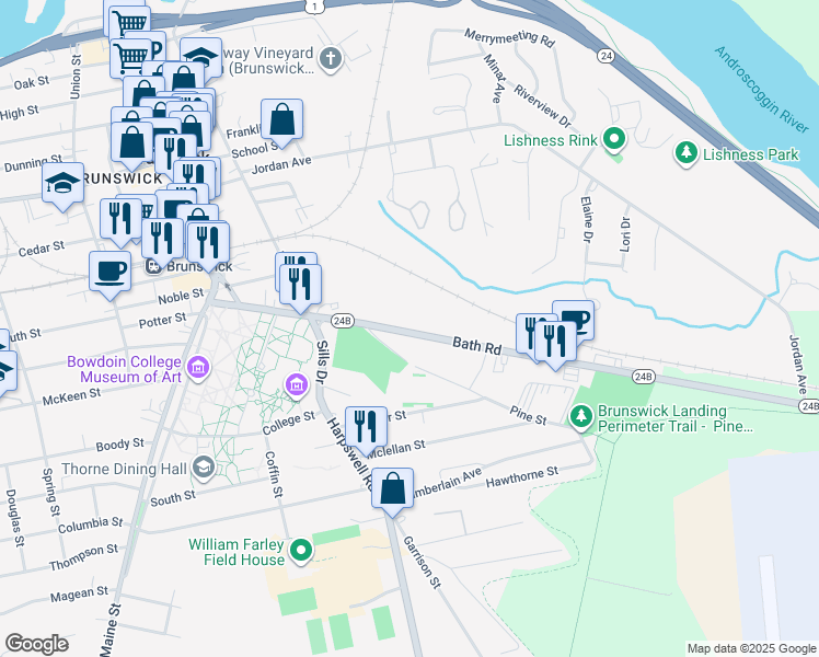 map of restaurants, bars, coffee shops, grocery stores, and more near 35 1/2 Bath Road in Brunswick