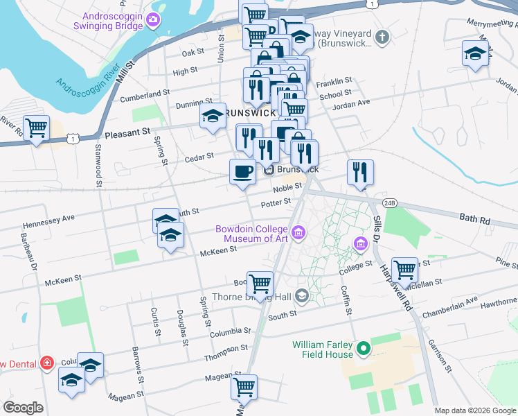 map of restaurants, bars, coffee shops, grocery stores, and more near 10 1/2 Page Street in Brunswick
