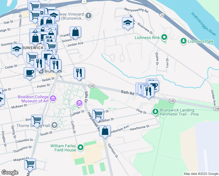 map of restaurants, bars, coffee shops, grocery stores, and more near 35 1/2 Bath Road in Brunswick