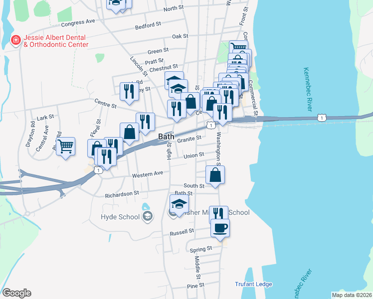 map of restaurants, bars, coffee shops, grocery stores, and more near 77 Union Street in Bath