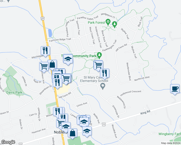 map of restaurants, bars, coffee shops, grocery stores, and more near 72 Goodfellow Crescent in Nobleton