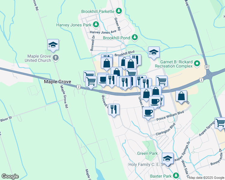 map of restaurants, bars, coffee shops, grocery stores, and more near 2316 Durham Regional Highway 2 in Bowmanville