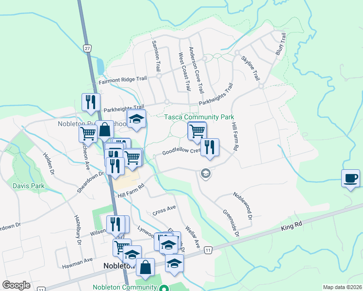 map of restaurants, bars, coffee shops, grocery stores, and more near 72 Goodfellow Crescent in Nobleton