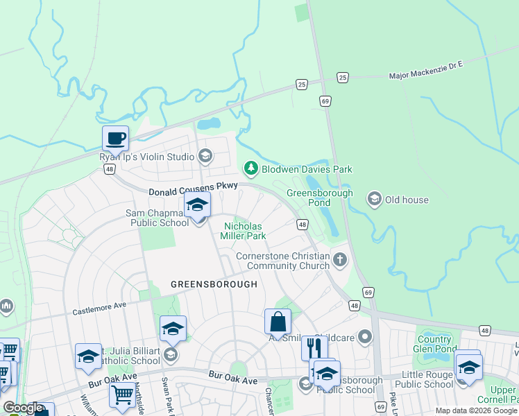 map of restaurants, bars, coffee shops, grocery stores, and more near 9 Amos Court in Markham