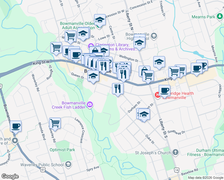 map of restaurants, bars, coffee shops, grocery stores, and more near 79 Queen Street in Bowmanville