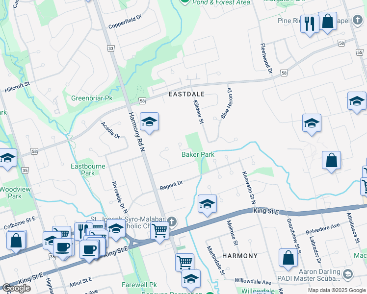 map of restaurants, bars, coffee shops, grocery stores, and more near 197 Baker Court in Oshawa